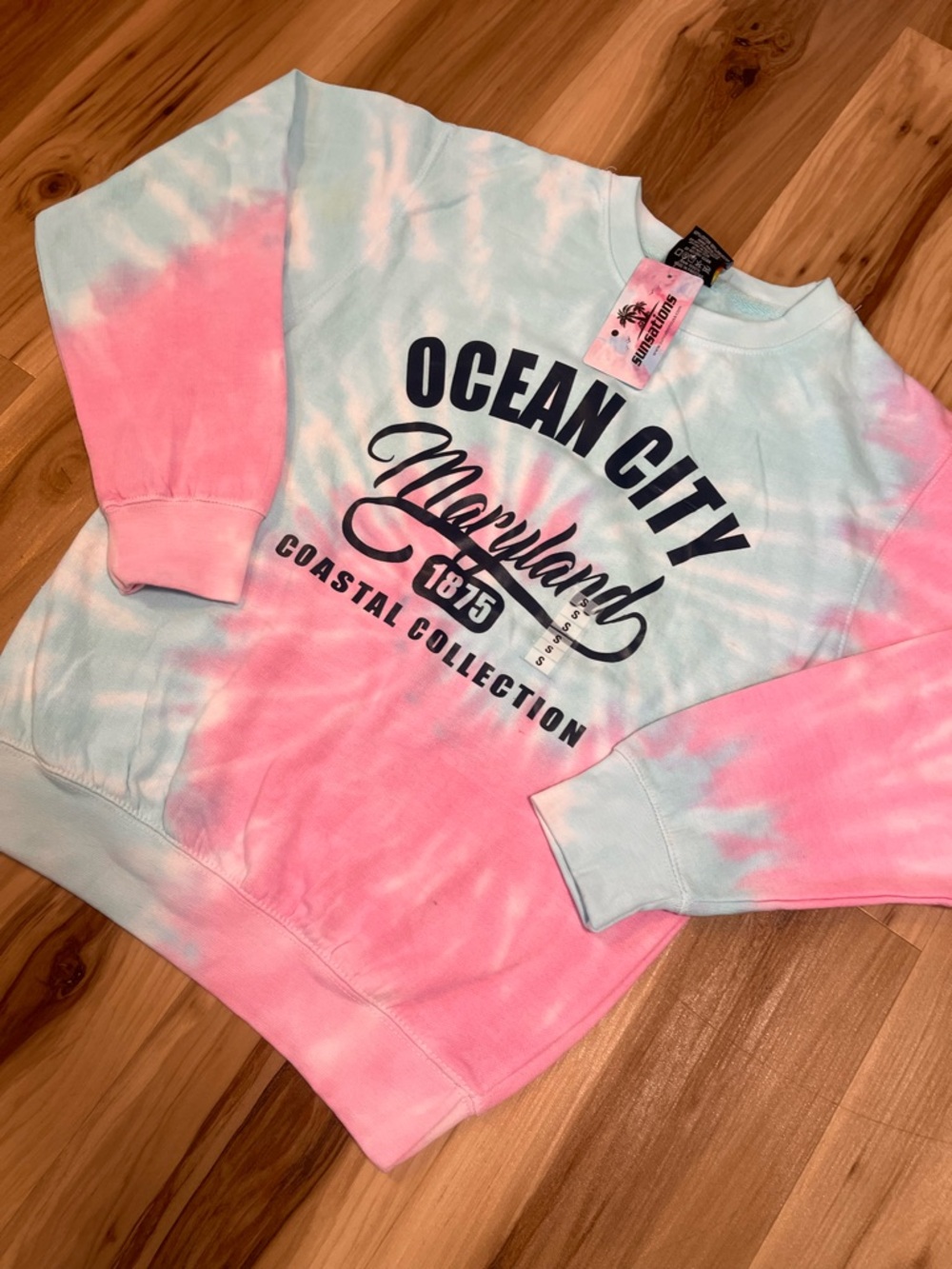 New Sunsations Ocean City OC Pink Blue Tie Dye Crewneck Sweatshirt Small S NWT